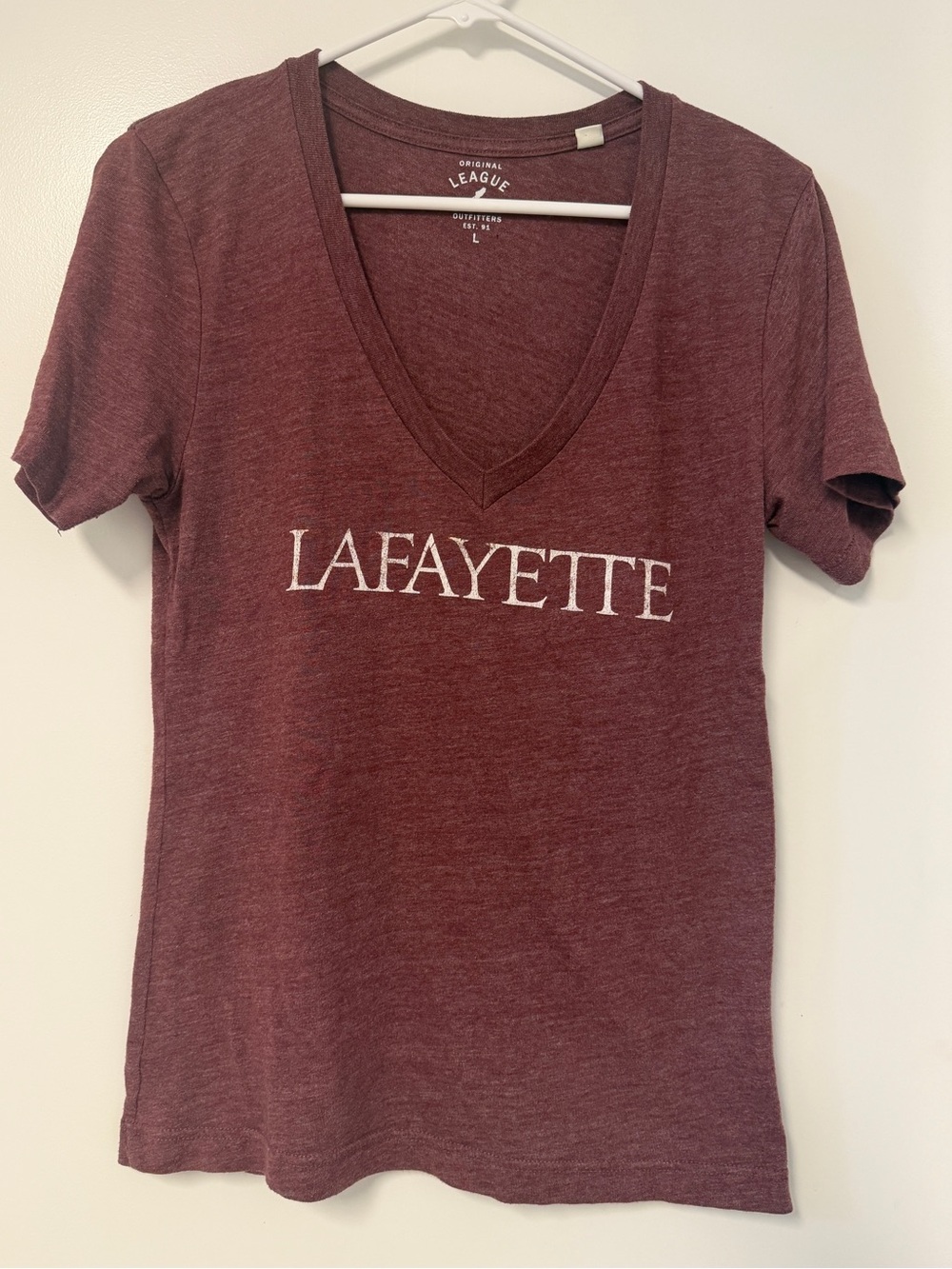 League Women's V-Neck Tee in Maroon with Lafayette Script